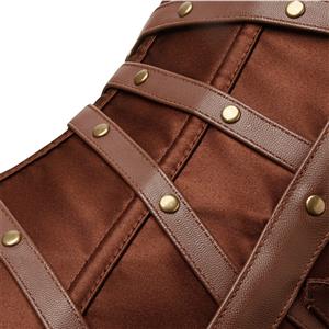 Sexy Brown Leather and Satin Buckle-up Zipper Corset N22904