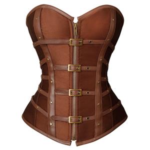 Sexy Brown Leather and Satin Buckle-up Zipper Corset N22904