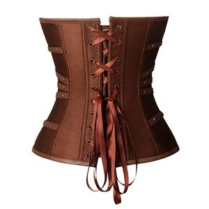 Sexy Brown Leather and Satin Buckle-up Zipper Corset N22904