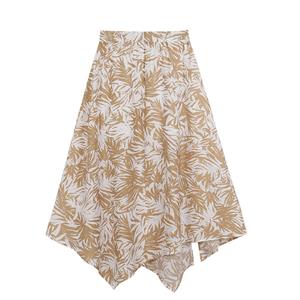 Fashion Casual Leaves Pattern Print Zipper High Waist Irregular Split Midi A-Line Skirt HG20583