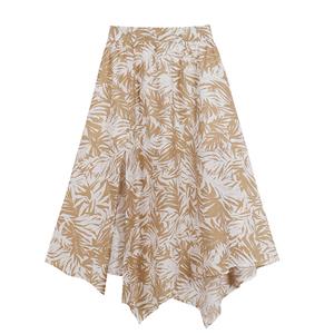Fashion Casual Leaves Pattern Print Zipper High Waist Irregular Split Midi A-Line Skirt HG20583