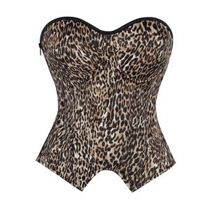 leopard print corset, side zip corset, back lace up bustier, strapless waist trainer, animal print shapewear, waist cincher, sexy bustier, figure shaping, costume corset, party wear, burlesque lingerie, gothic fashion, evening wear, bodycon top, faux leather corset #N23841