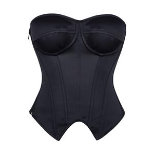 Black Strapless Corset Top with Front Lace-Up, Boned Waist Trainer with Side Zipper N23845