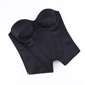 Black Strapless Corset Top with Front Lace-Up, Boned Waist Trainer with Side Zipper N23845