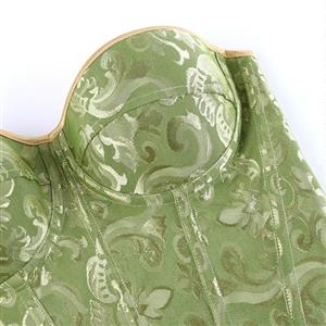 Green Strapless Corset with Floral Jacquard and Back Lace-Up Detail, Vintage Waist Trainer Bustier N23846