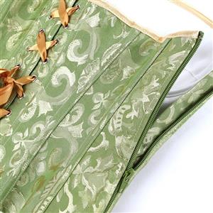 Green Strapless Corset with Floral Jacquard and Back Lace-Up Detail, Vintage Waist Trainer Bustier N23846