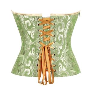 Green Strapless Corset with Floral Jacquard and Back Lace-Up Detail, Vintage Waist Trainer Bustier N23846
