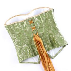 Green Strapless Corset with Floral Jacquard and Back Lace-Up Detail, Vintage Waist Trainer Bustier N23846