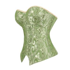 Green Strapless Corset with Floral Jacquard and Back Lace-Up Detail, Vintage Waist Trainer Bustier N23846