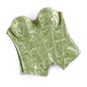 Green Strapless Corset with Floral Jacquard and Back Lace-Up Detail, Vintage Waist Trainer Bustier N23846