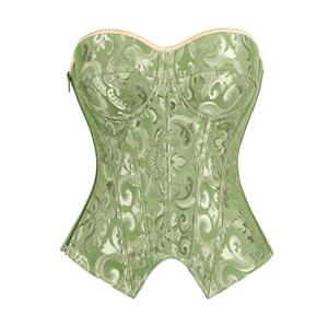green corset, strapless bustier, jacquard corset, back lace-up corset, vintage waist trainer, floral jacquard fabric, sweetheart neckline, adjustable corset, cream satin ribbon, tassel detail, retro shapewear, evening wear corset, bridal corset, waist cincher, structured bustier #N23846