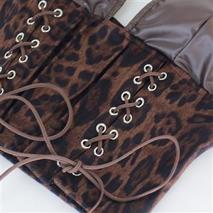 Women's Leopard Print Halter Neck Deep V Faux Leather Corset Top N23987