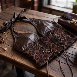 Women's Leopard Print Halter Neck Deep V Faux Leather Corset Top N23987