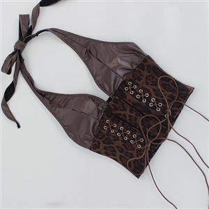 Women's Leopard Print Halter Neck Deep V Faux Leather Corset Top N23987