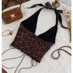 Women's Leopard Print Halter Neck Deep V Faux Leather Corset Top N23987