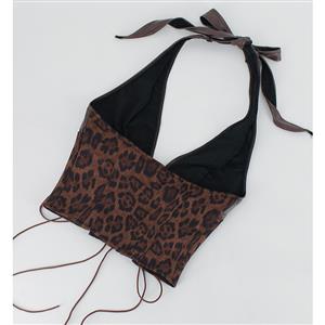Women's Leopard Print Halter Neck Deep V Faux Leather Corset Top N23987