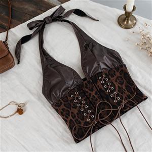 Women's Leopard Print Halter Neck Deep V Faux Leather Corset Top N23987