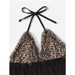 Sexy Leopard Bra Halter Neck Deep V See-through Mesh Nightgown Babydoll Chemise N21941