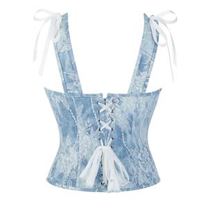 Light Blue Lace Corset Top with Square Neckline, Front Snap Closure & Adjustable Bow Straps N23840