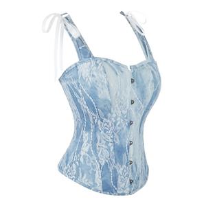 Light Blue Lace Corset Top with Square Neckline, Front Snap Closure & Adjustable Bow Straps N23840