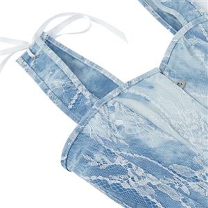 Light Blue Lace Corset Top with Square Neckline, Front Snap Closure & Adjustable Bow Straps N23840