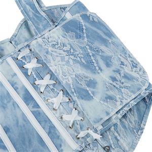 Light Blue Lace Corset Top with Square Neckline, Front Snap Closure & Adjustable Bow Straps N23840