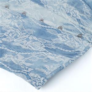 Light Blue Lace Corset Top with Square Neckline, Front Snap Closure & Adjustable Bow Straps N23840