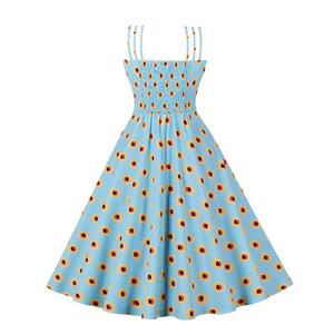 Light-blue Daisy Print Spaghetti Straps Sleeveless High Waist Summer Party Swing Slip Dress N22998