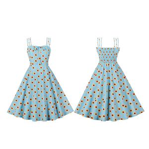 Light-blue Daisy Print Spaghetti Straps Sleeveless High Waist Summer Party Swing Slip Dress N22998