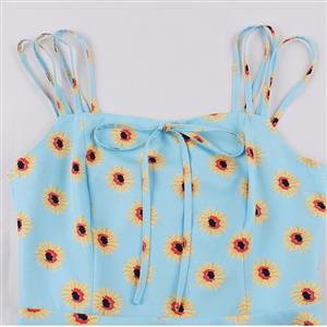 Light-blue Daisy Print Spaghetti Straps Sleeveless High Waist Summer Party Swing Slip Dress N22998