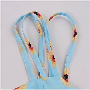 Light-blue Daisy Print Spaghetti Straps Sleeveless High Waist Summer Party Swing Slip Dress N22998