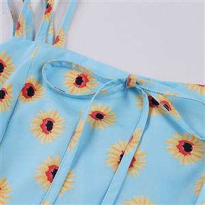 Light-blue Daisy Print Spaghetti Straps Sleeveless High Waist Summer Party Swing Slip Dress N22998