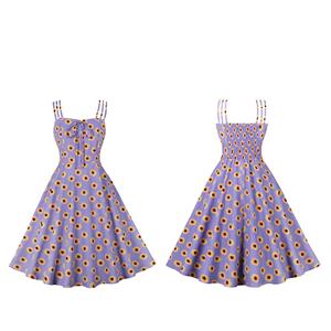 Light-purple Print Spaghetti Straps Sleeveless High Waist Summer Party Swing Slip Dress N22999