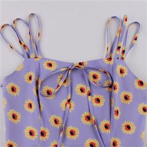 Light-purple Print Spaghetti Straps Sleeveless High Waist Summer Party Swing Slip Dress N22999