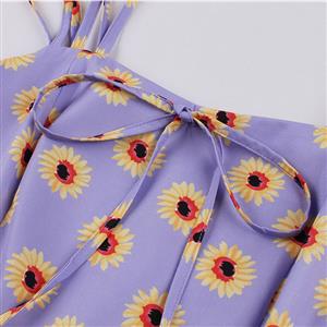 Light-purple Print Spaghetti Straps Sleeveless High Waist Summer Party Swing Slip Dress N22999