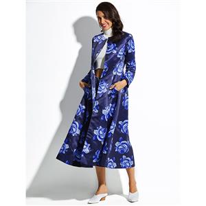 Women's Dark Blue Long Sleeve Single Button Floral Print Long Overcoat N15338