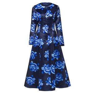 Women's Dark Blue Long Sleeve Single Button Floral Print Long Overcoat N15338