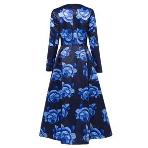 Women's Dark Blue Long Sleeve Single Button Floral Print Long Overcoat N15338