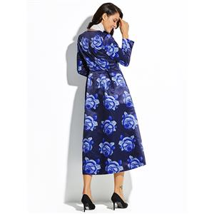 Women's Dark Blue Long Sleeve Single Button Floral Print Long Overcoat N15338