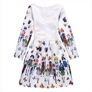 Girl's Vintage White Long Sleeve Round Collar Butterfly Cartoon People Print A-Line Dress N15502