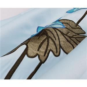 Elegant Light Blue Lotus Embroidered Short Sleeve High Waist A-line Party Dress N18694