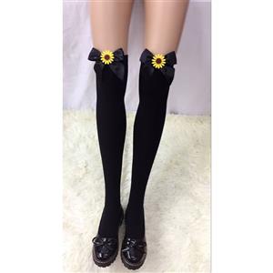 Lovely Black Stockings, Black Cosplay Stockings, Sunflower Thigh High Stockings, Black Bowknot Stocking, Stretchy Nightclub Knee Stockings, #HG18467