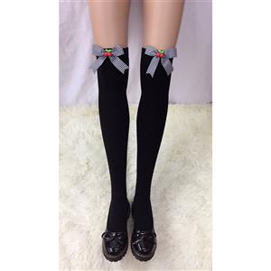 Lovely Black Stockings, Sexy Thigh Highs Stockings, Pure Black Cosplay Stockings, Cherry Thigh High Stockings, Black Grid Bowknot Stocking, Stretchy Nightclub Knee Stockings, #HG18475