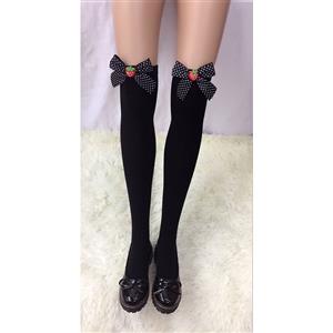 Lovely Black Stockings, Sexy Thigh Highs Stockings, Pure Black Cosplay Stockings, Strawberry Thigh High Stockings, Black Spots Bowknot Stocking, Stretchy Nightclub Knee Stockings, #HG18478