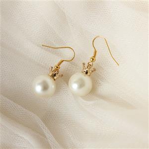 Simple Elegant White Venetian Pearl with Golden Crown Earrings J18436