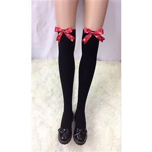 Cute Black Stockings, Sexy Thigh Highs Stockings, Pure Black Cosplay Stockings, Anime Thigh High Stockings, Red Snowflake Bowknot Stockings, Stretchy Nightclub Knee Stockings, #HG18457