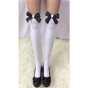 Lovely Pure White French Maid Cosplay Black Bowknot with Cartoon Cat Anime Stockings HG18455