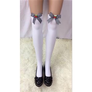 Lovely Pure White Stockings Black Bowknot with Cherry French Maid Anime Cosplay Stockings HG18482