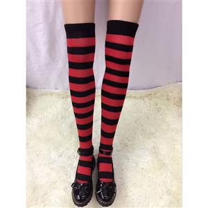 Lovely Stockings, Sexy Thigh Highs Stockings, Red-black Strips Cosplay Stockings, Maid Cosplay Thigh High Stockings, Stretchy Nightclub Knee Stockings, #HG18516