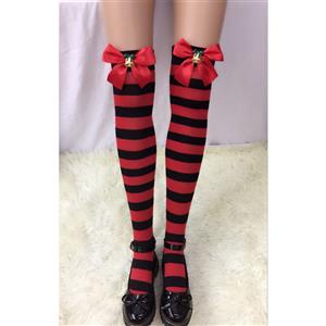 Lovely Stockings, Sexy Thigh Highs Stockings, Red-black Strips Cosplay Stockings, Red Bowknot with Christmas Bell Cosplay Thigh High Stockings, Stretchy Nightclub Knee Stockings, #HG18519